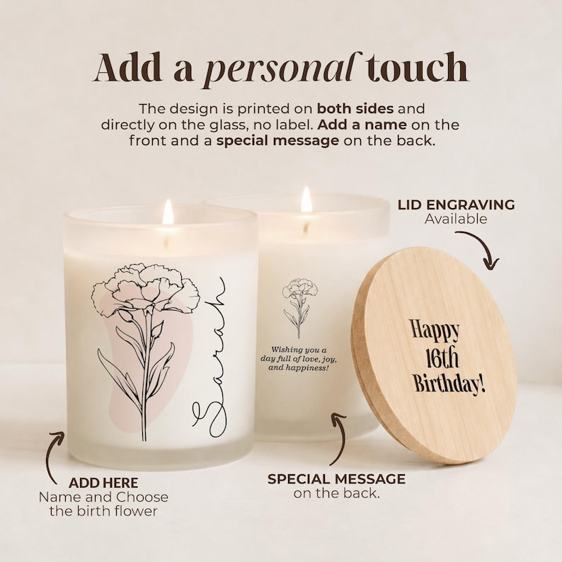 Personalized Birth Flower Candle, Printed Glass, Custom Name Gift for Her, Mom, Sister, Daughter
