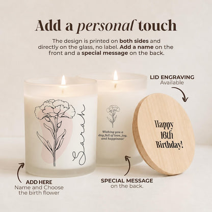 Personalized Birth Flower Candle, Printed Glass, Custom Name Gift for Her, Mom, Sister, Daughter