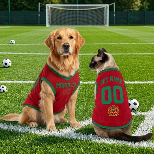 Custom Morocco Pet Jersey, Personalized Outfit for Dogs Cats, World Cup Pet Mess Jersey Name Number Sportswear Pet Jersey