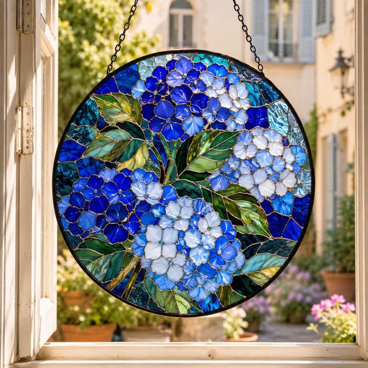 Blue Hydrangea Stained Glass Suncatcher, Cottagecore Botanical Garden Art Window Hanging