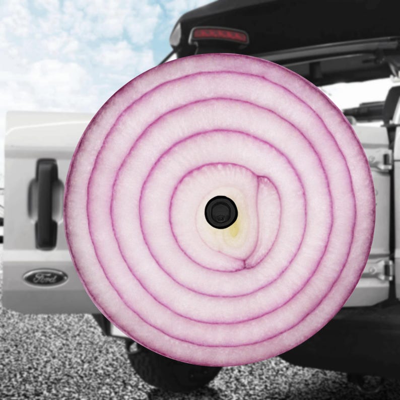 Red Onion Spare Tire Cover – Vegetable Protector for Jeep, SUV, RV (Backup Camera Hole)
