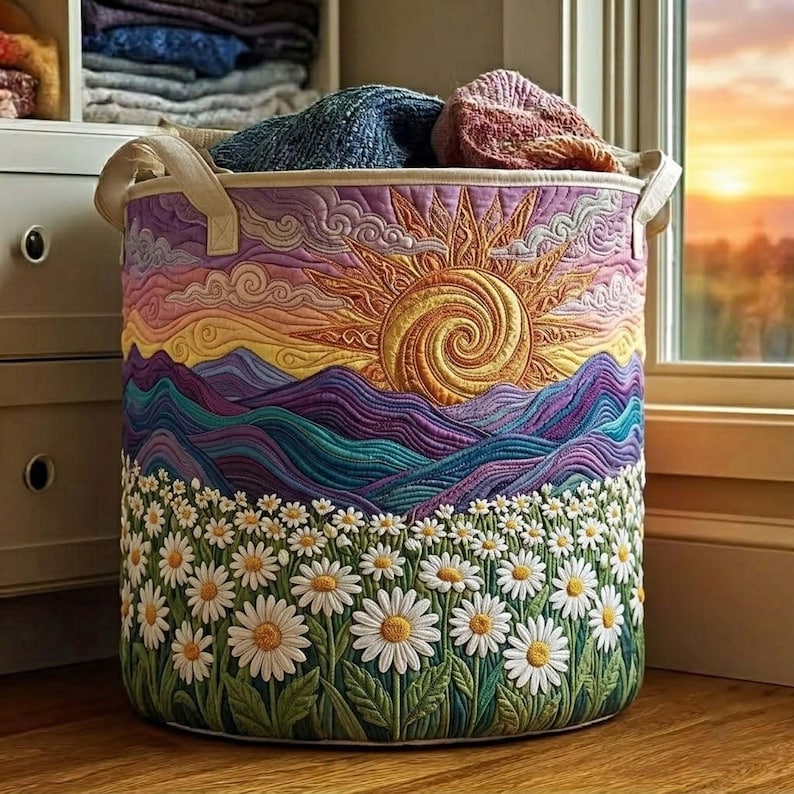 Daisy Field Quilted Laundry Basket: Daisy Floral Storage Bin, Large Foldable Hamper