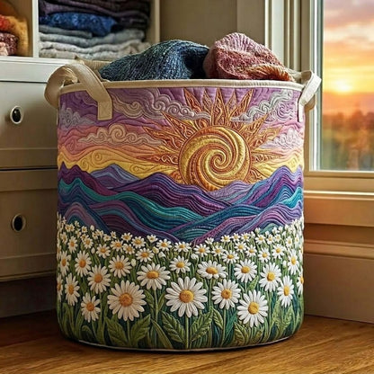 Daisy Field Quilted Laundry Basket: Daisy Floral Storage Bin, Large Foldable Hamper