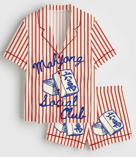 Womens Mahjong Social Club Pajama Set Funny Board Game Pajamas Silky Satin Short Sleeve Sleepwear Mahjong Lover Gift Cute Lounge Set