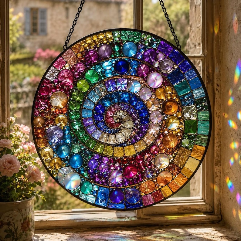 Stained Glass Spiral Suncatcher, Mosaic Rainbow Art Decor, Boho Window Hanging (Gift Option)