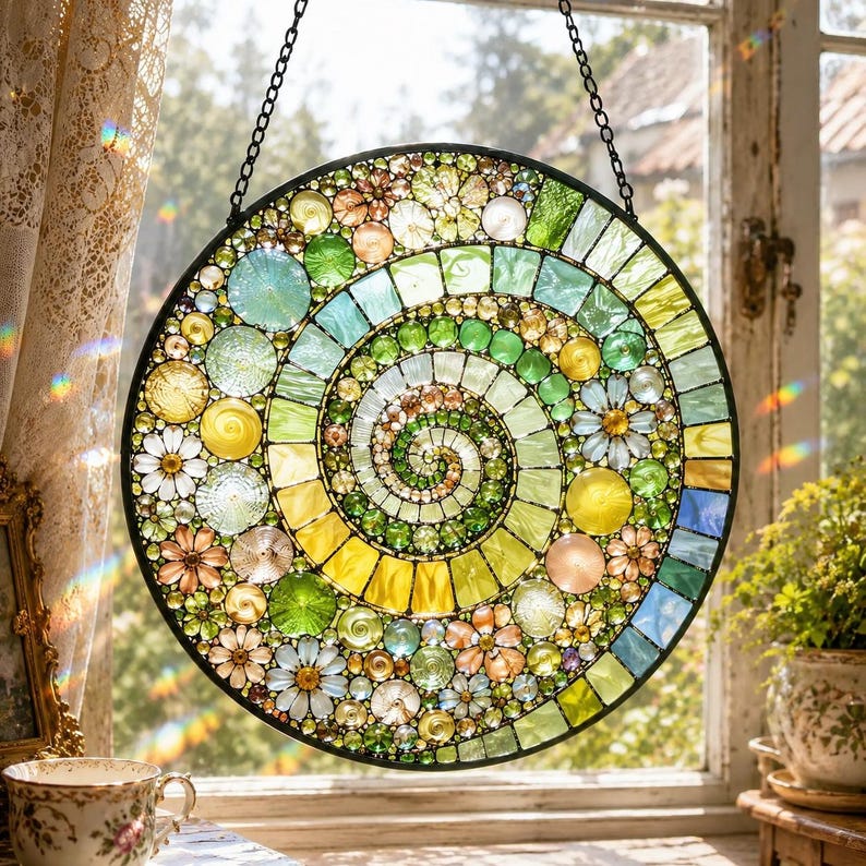 Stained Glass Spiral Suncatcher, Mosaic Rainbow Art Decor, Boho Window Hanging (Gift Option)