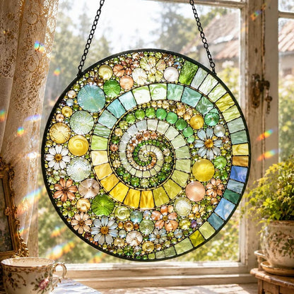 Stained Glass Spiral Suncatcher, Mosaic Rainbow Art Decor, Boho Window Hanging (Gift Option)
