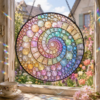 Spiral Mosaic Suncatcher, Mandala Window Hanging, Rainbow Glass Art, Boho Decor