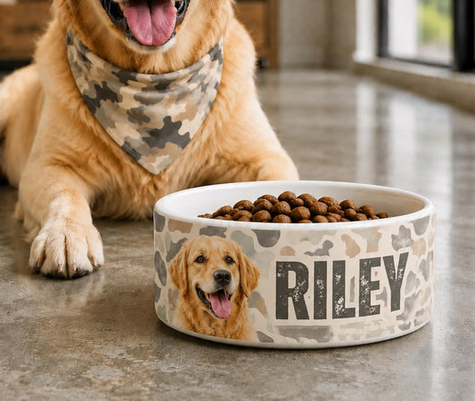 Personalized Pet Camouflage Bowl With Pet Name Photo, Custom Ceramic Dog Food Water Bowl, Custom Hunting Camo Portrait Feeding Bowl
