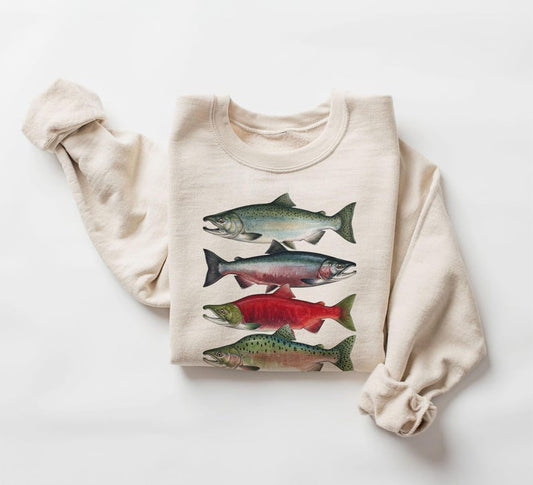 Abstract Salmon In A Row Sweatshirt River Fish Flyfishing Adult Unisex Crewneck Sweatshirt