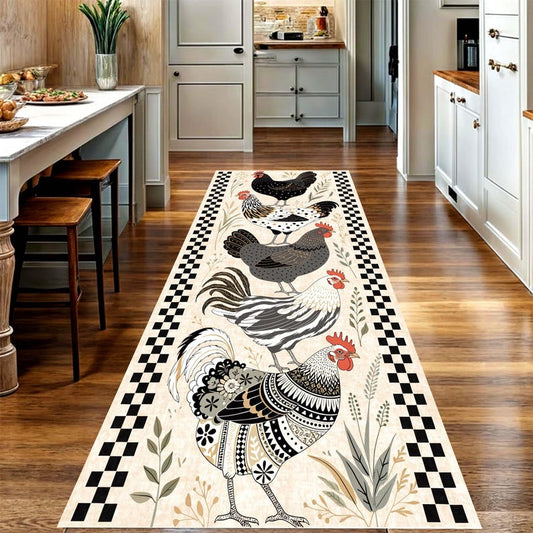 Rooster Chicken Runner Rug: Farmhouse Checker Border Kitchen Carpet, Non-Slip Machine-Washable