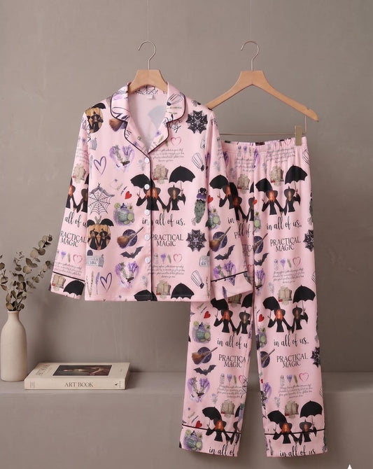 Satin Pajama Set Women, Witchy Botanical Print Sleepwear, Halloween Nightwear