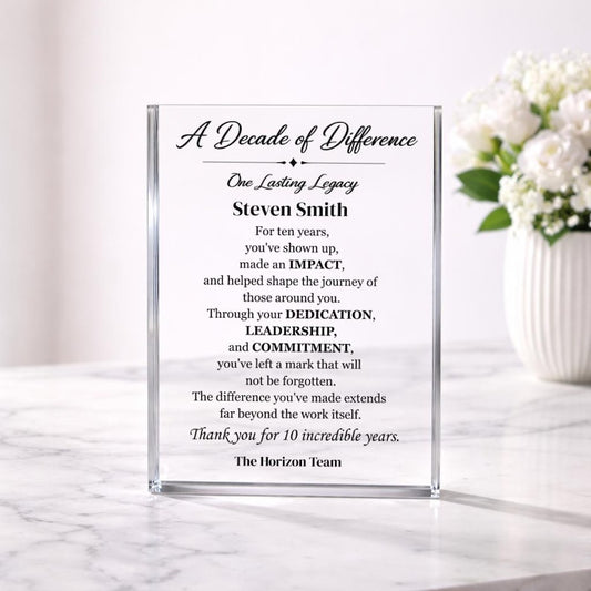 10 Year Work Anniversary Gift  Personalized Acrylic Plaque, Employee Appreciation Gift, 10 Years of Service Award, Team Recognition Gift