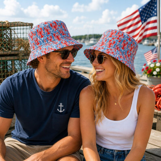Patriotic Lobster Bucket Hat, Reversible 4th of July Hat, Coastal Summer Hat, Red White Blue Beach Hat, Nautical Vacation Hat, Lobster Lover