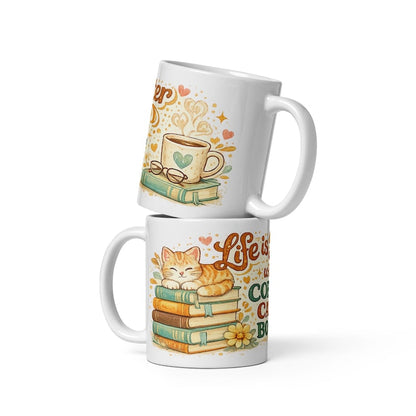 Ceramic Mug, Coffee Cats Books Lover, Cozy Reader Gift, Cat Mom Bibliophile Cup