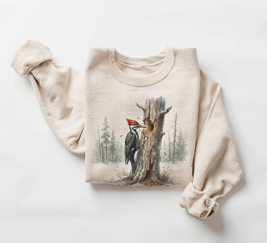 Retro 90's Pileated Woodpecker Hole In Tree Field Guide Unisex Adult Crewneck Sweatshirt