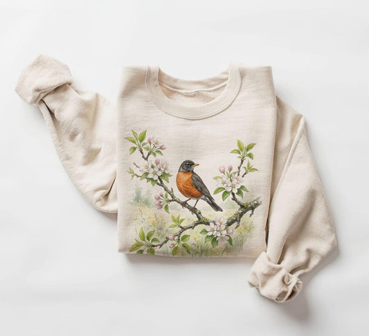 Retro 90's American Robin Blooming Flowers Summer Birding Unisex Adult Crewneck Sweatshirt