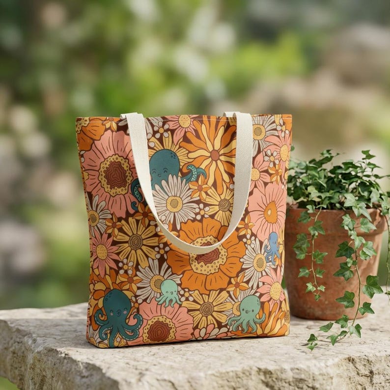 Octopus Floral Tote Bag, Coastal Market Bag, Beach Tote for Women, Ocean Lover Gift, Cottagecore Tote, Boho Beach Bag, Nautical Shopping