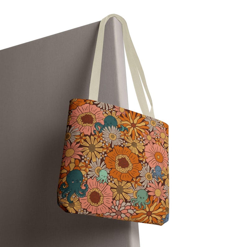 Octopus Floral Tote Bag, Coastal Market Bag, Beach Tote for Women, Ocean Lover Gift, Cottagecore Tote, Boho Beach Bag, Nautical Shopping