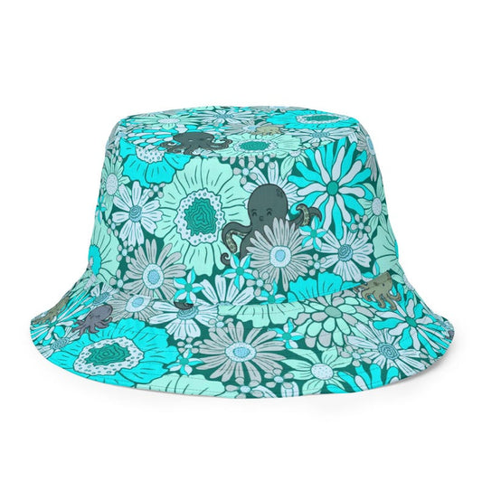 Reversible Octopus Bucket Hat, Coastal Beach Hat, Ocean Lover Sun Hat, Floral Bucket Hat, Sun Hat, Vacation Hat, Cute Beach Accessory