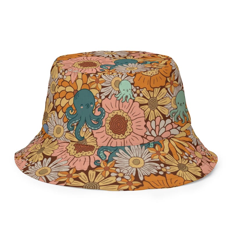 Reversible Bucket Hat Coastal Octopus Hat Beach Sun Hat Ocean Lover Gift Double Sided Hat Fishing Hat Vacation Hat Lucky Levi