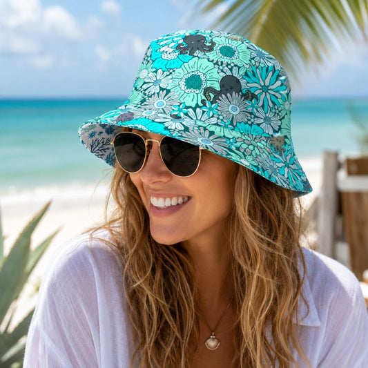 Reversible Octopus Bucket Hat, Coastal Beach Hat, Ocean Lover Sun Hat, Floral Bucket Hat, Sun Hat, Vacation Hat, Cute Beach Accessory