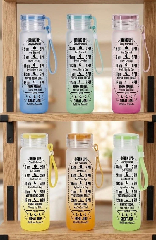 Hydration Reminder Frosted Tumbler | 16oz Ombré Glass Cup with Lid | Time Marker Water Bottle | Motivational Iced Coffee Tumbler, 6 Colors