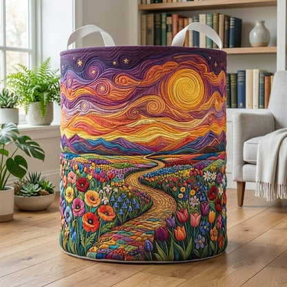 Flowers Path Quilted Laundry Basket: Starry Night Sun Fabric Hamper, Gift For Mom