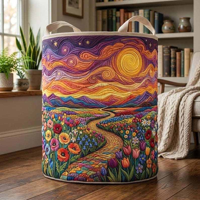 Flowers Path Quilted Laundry Basket: Starry Night Sun Fabric Hamper, Gift For Mom
