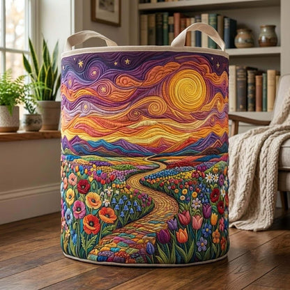 Flowers Path Quilted Laundry Basket: Starry Night Sun Fabric Hamper, Gift For Mom