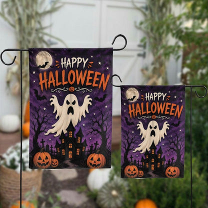 Happy Halloween Ghost Pumpkin Garden Flag, Spooky Haunted House Yard Decor