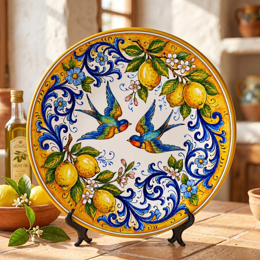 Italian Floral Bird Design Display Plate Inspired by Traditional Sicilian Majolica Decor