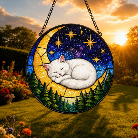 3D Calico Cat Stained Glass Cat Library Suncatcher, Moon Sleeping Cat, Gift for Cat & Book Lovers