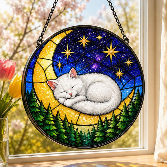 3D Calico Cat Stained Glass Cat Library Suncatcher, Moon Sleeping Cat, Gift for Cat & Book Lovers