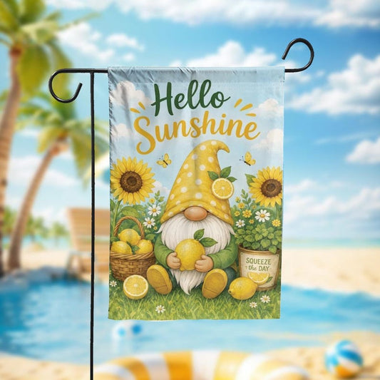 Hello Sunshine Garden Flag, Lemon Gnome Decor, Summer Citrus Yard Banner
