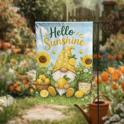 Hello Sunshine Garden Flag, Lemon Gnome Decor, Summer Citrus Yard Banner