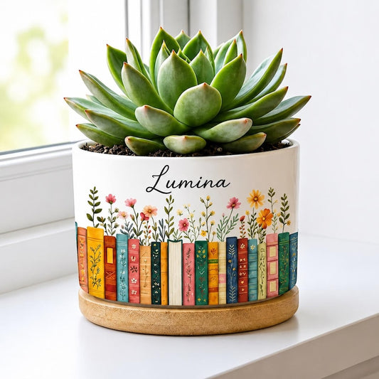 Vintage Bookshelf Library Personalized Plant Pot, Bookish Gifts For Reader, Book Lover Birthday, Back To School Teacher Appreciation Gift