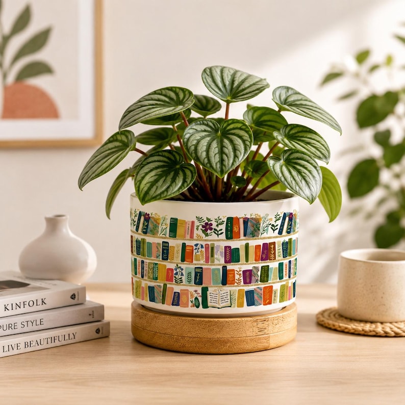 Floral Bookish Vintage Book Lover Flower Pot, Personalized Vintage Bookshelf Library, Reading Lover Desk Decor, Bookish Gift for Her