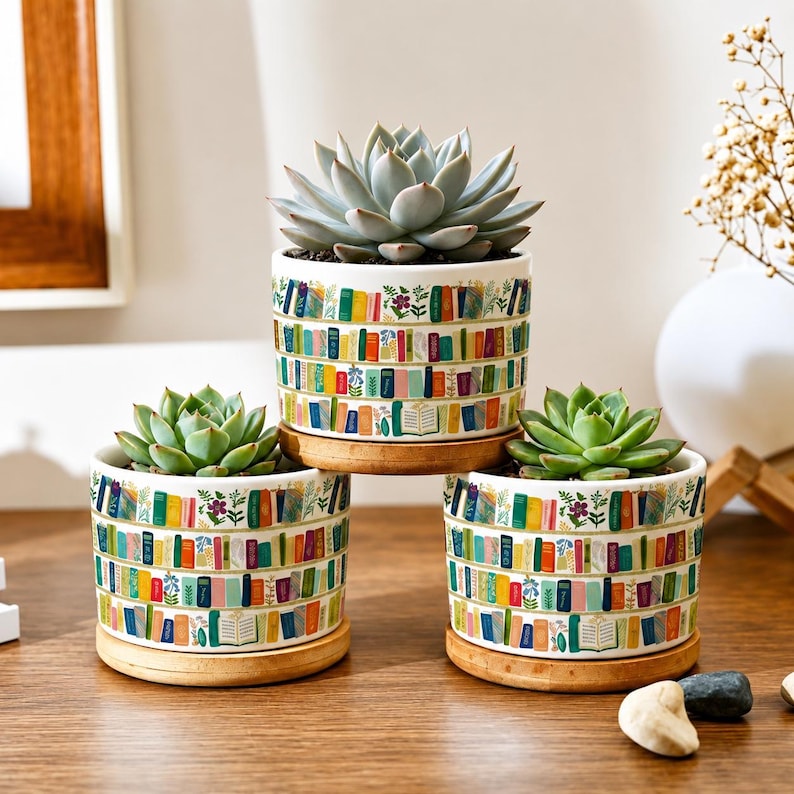 Floral Bookish Vintage Book Lover Flower Pot, Personalized Vintage Bookshelf Library, Reading Lover Desk Decor, Bookish Gift for Her