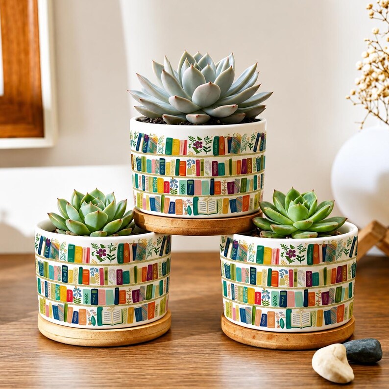 Floral Bookish Vintage Book Lover Flower Pot, Personalized Vintage Bookshelf Library, Reading Lover Desk Decor, Bookish Gift for Her