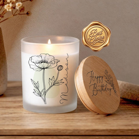 Personalized Birth Flower Candle, Printed Glass, Custom Name Gift for Her, Mom, Sister, Daughter