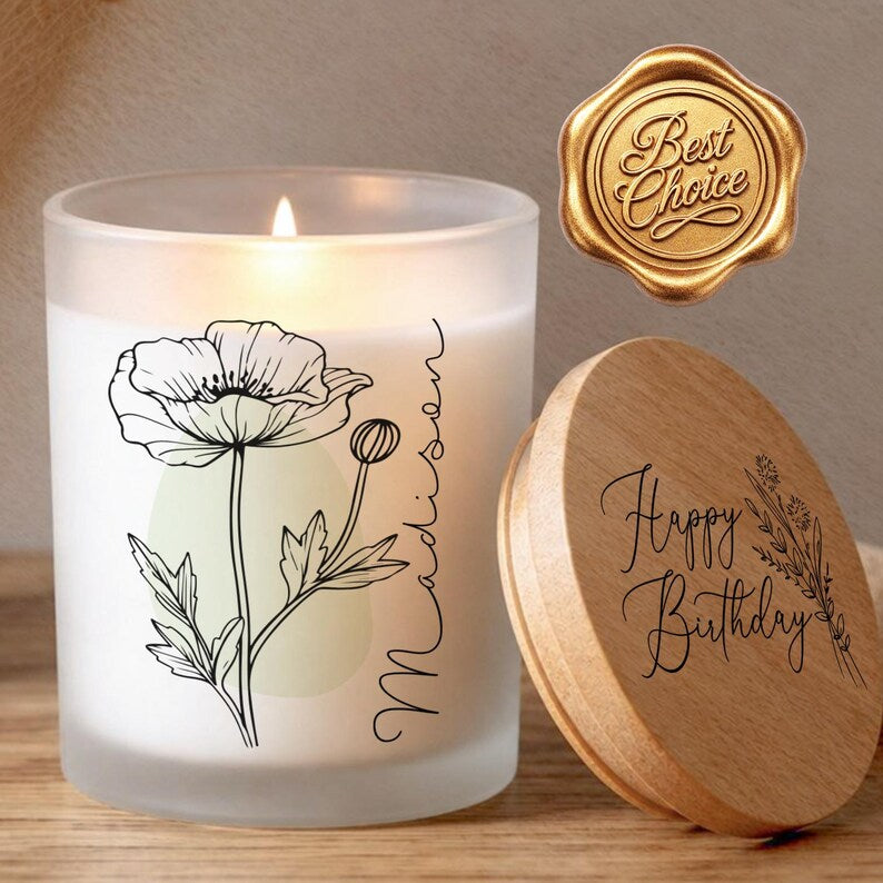 Personalized Birth Flower Candle, Printed Glass, Custom Name Gift for Her, Mom, Sister, Daughter