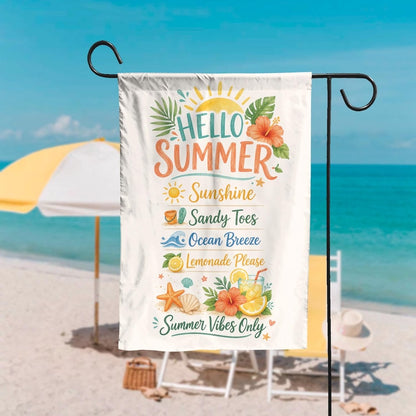 Hello Summer Garden Flag, Beach House Welcome Decor, Coastal Outdoor Yard Banner