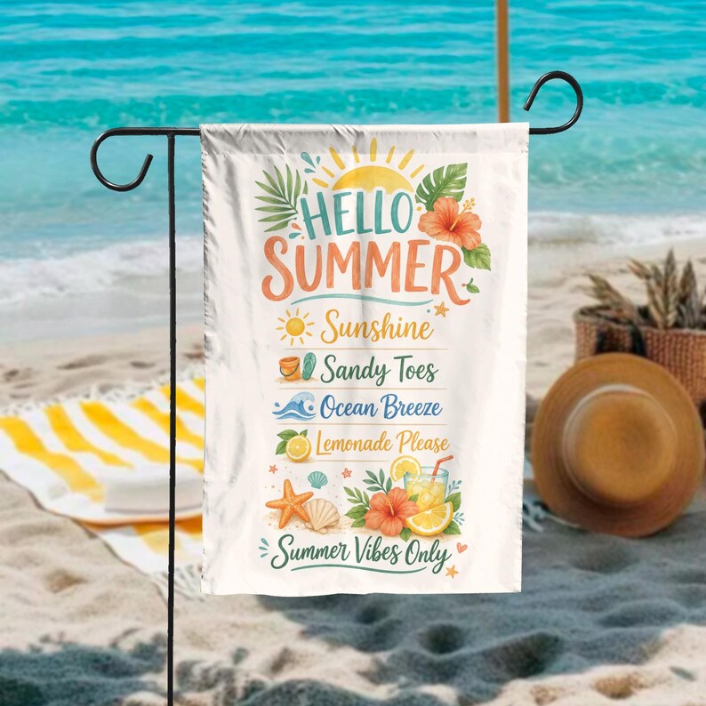 Hello Summer Garden Flag, Beach House Welcome Decor, Coastal Outdoor Yard Banner