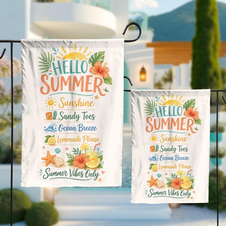 Hello Summer Garden Flag, Beach House Welcome Decor, Coastal Outdoor Yard Banner