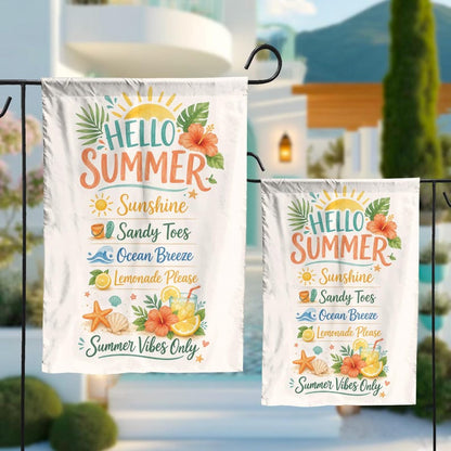 Hello Summer Garden Flag, Beach House Welcome Decor, Coastal Outdoor Yard Banner