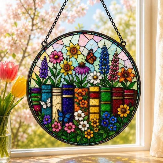 3D Stained Glass Book Floral Suncatcher, Book Lover Gift, Library Window Hanging, Bookish Reading Room Decor