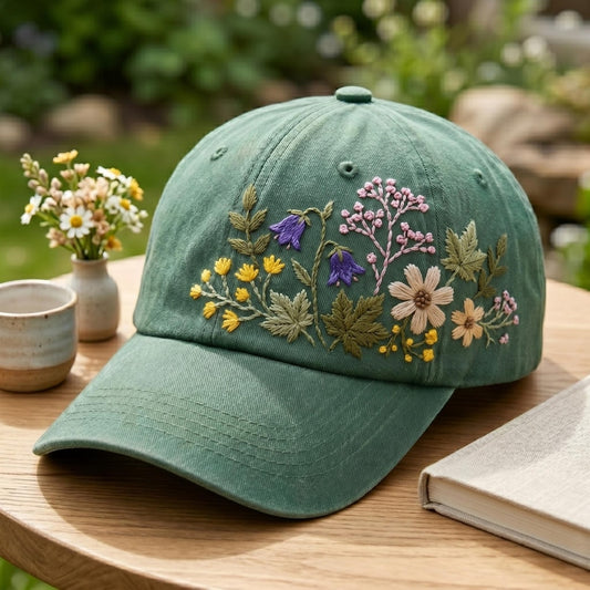 Hand Embroidered Floral Baseball Cap | 100% Cotton Hat | Botanical Garden Design