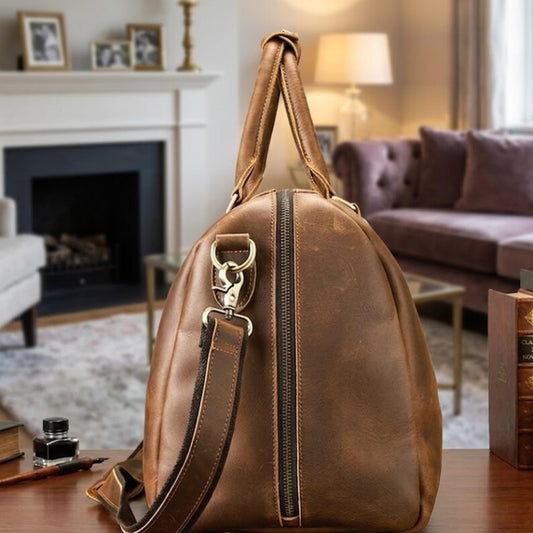 Leather Duffle Bag Men Personalized Weekender Travel Bag Crazy Horse Cowhide Overnight Carry On Fits 16 Inch Laptop Monogram Gift for Him
