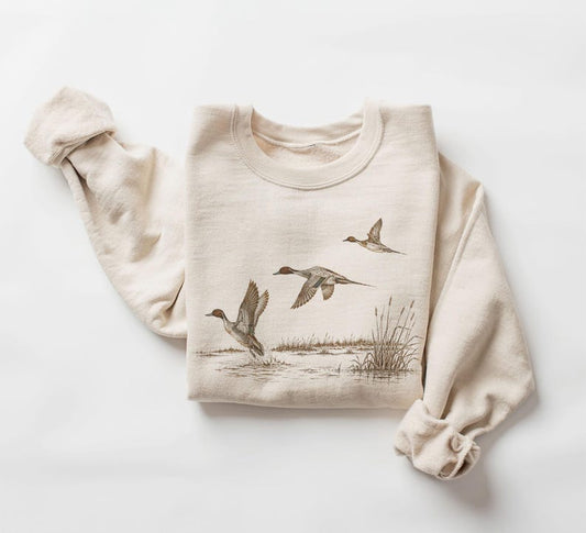 Retro 90's Pintail Ducks In Flight Field Guide Hunting Gift Unisex Adult Crewneck Sweatshirt